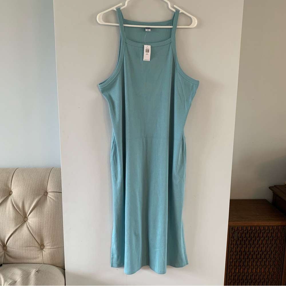 Midi Dress Ribbed Tank Square Neck Spaghetti Strap Teal Old Navy Size XXL Petite